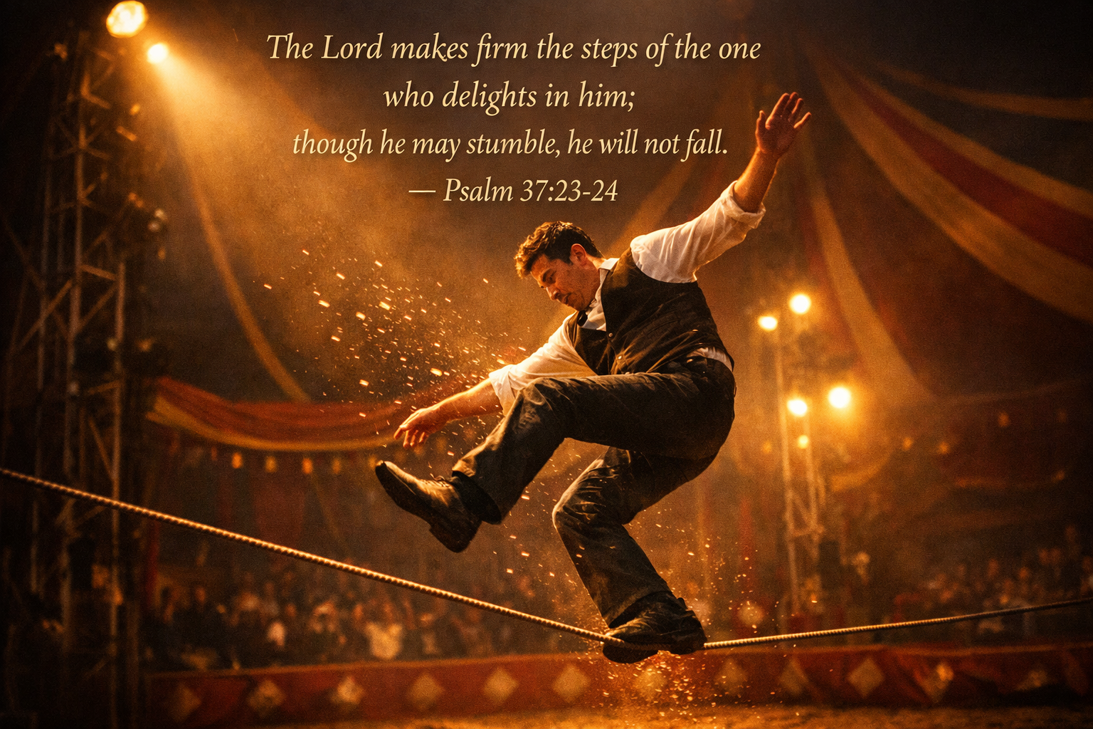 Tightrope walker mid-wobble with one foot still on wire — Psalm 37:23-24 stumble not fall Bible verse wallpaper